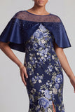 Navy Floral Mermaid Beaded Long Mother Of the Bride Dress with Slit