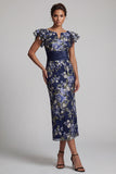 Navy Sheath Floral Ruffle Sleeves Long Mother Of the Bride Dress