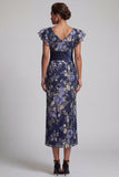 Navy Sheath Floral Ruffle Sleeves Long Mother Of the Bride Dress