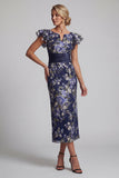 Navy Sheath Floral Ruffle Sleeves Long Mother Of the Bride Dress