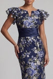 Navy Sheath Floral Ruffle Sleeves Long Mother Of the Bride Dress