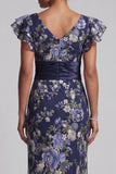 Navy Sheath Floral Ruffle Sleeves Long Mother Of the Bride Dress