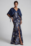 Navy Floral Mermaid Long Mother Of the Bride Dress with Slit