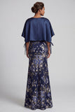 Navy Floral Mermaid Long Mother Of the Bride Dress with Slit