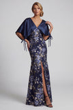 Navy Floral Mermaid Long Mother Of the Bride Dress with Slit