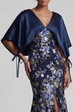 Navy Floral Mermaid Long Mother Of the Bride Dress with Slit