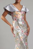 Sparkly Silver Floral Mermaid Long Mother Of the Bride Dress with Sequins