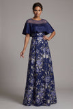 Navy Floral A Line Beaded Long Mother Of the Bride Dress with Cape