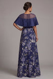 Navy Floral A Line Beaded Long Mother Of the Bride Dress with Cape