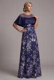 Navy Floral A Line Beaded Long Mother Of the Bride Dress with Cape