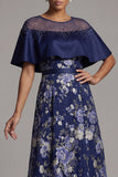 Navy Floral A Line Beaded Long Mother Of the Bride Dress with Cape