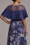 Navy Floral A Line Beaded Long Mother Of the Bride Dress with Cape
