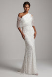 One Shoulder White Beaded Mermaid Long Mother Of the Bride Dress