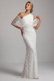 One Shoulder White Beaded Mermaid Long Mother Of the Bride Dress