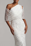 One Shoulder White Beaded Mermaid Long Mother Of the Bride Dress