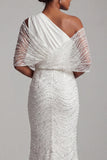 One Shoulder White Beaded Mermaid Long Mother Of the Bride Dress
