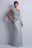 Dusty Blue One Shoulder Sheath Ruffled Long Mother Of the Bride Dress