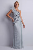 Dusty Blue One Shoulder Sheath Ruffled Long Mother Of the Bride Dress