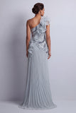 Dusty Blue One Shoulder Sheath Ruffled Long Mother Of the Bride Dress