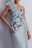 Dusty Blue One Shoulder Sheath Ruffled Long Mother Of the Bride Dress