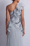 Dusty Blue One Shoulder Sheath Ruffled Long Mother Of the Bride Dress