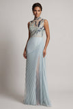 Dusty Blue Pleated Sheath High Neck Long Mother Of the Bride Dress with Slit