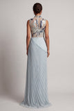 Dusty Blue Pleated Sheath High Neck Long Mother Of the Bride Dress with Slit