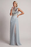 Dusty Blue Pleated Sheath High Neck Long Mother Of the Bride Dress with Slit