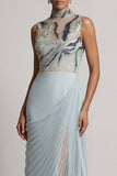 Dusty Blue Pleated Sheath High Neck Long Mother Of the Bride Dress with Slit