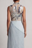 Dusty Blue Pleated Sheath High Neck Long Mother Of the Bride Dress with Slit