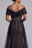 Black Mermaid Off The Shoulder Beaded Long Mother Of the Bride Dress with Cape