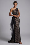 Black One Shoulder Mermaid Long Mother Of the Bride Dress with Sash
