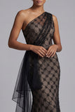 Black One Shoulder Mermaid Long Mother Of the Bride Dress with Sash