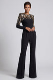 Black Sequins Long Sleeves Round Neck Ruched Mothe Of the Bride Jumpsuits