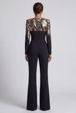Black Sequins Long Sleeves Round Neck Ruched Mothe Of the Bride Jumpsuits