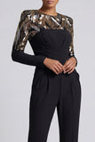 Black Sequins Long Sleeves Round Neck Ruched Mothe Of the Bride Jumpsuits