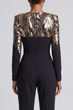 Black Sequins Long Sleeves Round Neck Ruched Mothe Of the Bride Jumpsuits