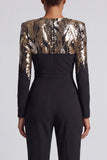 Black Sequins Long Sleeves Round Neck Ruched Mothe Of the Bride Jumpsuits