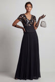 Sparkly Black Pleated Chiffon A Line Long Mother Of the Bride Dress