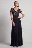Sparkly Black Pleated Chiffon A Line Long Mother Of the Bride Dress