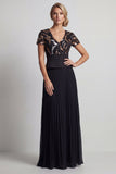 Sparkly Black Pleated Chiffon A Line Long Mother Of the Bride Dress