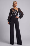 Black Sequins Long Sleeves Mother Of the Bride Jumpsuits