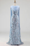 Sparkly Sky Blue Mermaid Beaded Sequin Long Mother Of the Bride Dress with Cape