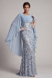 Sparkly Sky Blue Mermaid Beaded Sequin Long Mother Of the Bride Dress with Cape