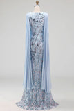 Sparkly Sky Blue Mermaid Beaded Sequin Long Mother Of the Bride Dress with Cape