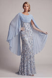 Sparkly Sky Blue Mermaid Beaded Sequin Long Mother Of the Bride Dress with Cape