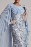 Sparkly Sky Blue Mermaid Beaded Sequin Long Mother Of the Bride Dress with Cape