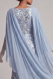 Sparkly Sky Blue Mermaid Beaded Sequin Long Mother Of the Bride Dress with Cape