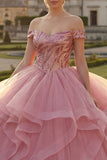 Pink Off the Shoulder Ball Gown Ruffled Sequins Quinceanera Dress