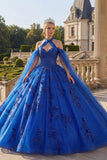 Royal Blue Halter Neck Ball Gown Appliqued Quinceanera Dress with Cape Sleeves
